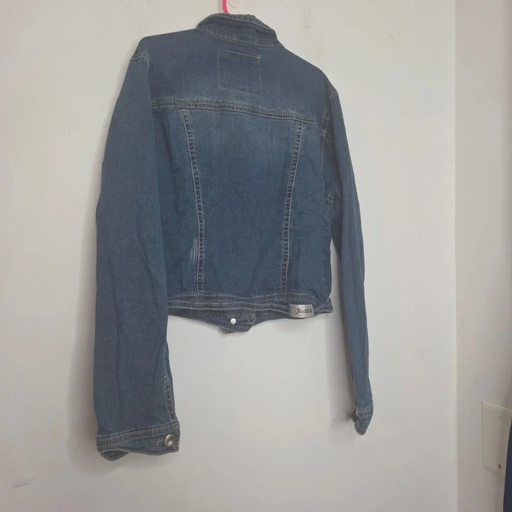 Justice Girls Blue Denim Cropped Jacket Rhinestone Embellished Size 12